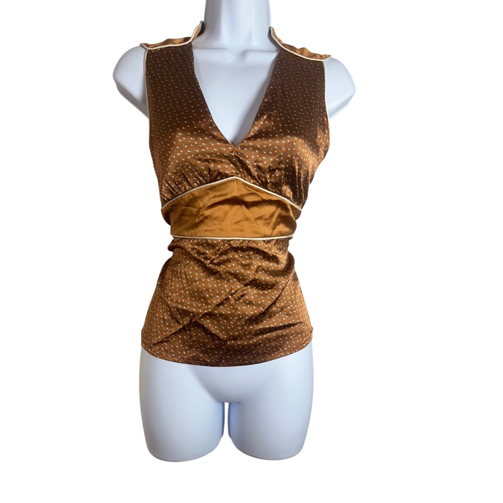 Original Penguin by Munsingwear Bronze Silk Polka Dot Sleeveless V-Neck Top 2